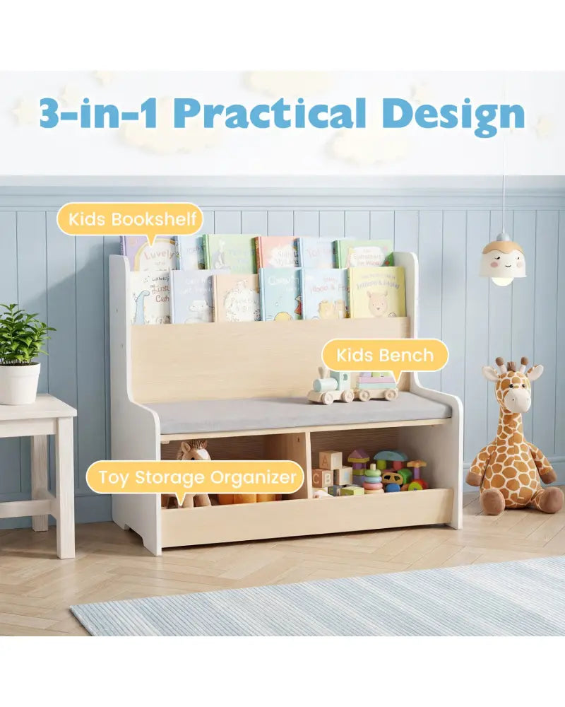 Kids Reading Nook with Bench Bookshelf and 2 Cubbies-White - White - Kids Storage