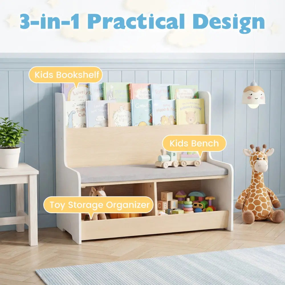 Kids Reading Nook with Bench Bookshelf and 2 Cubbies-White - White - Kids Storage