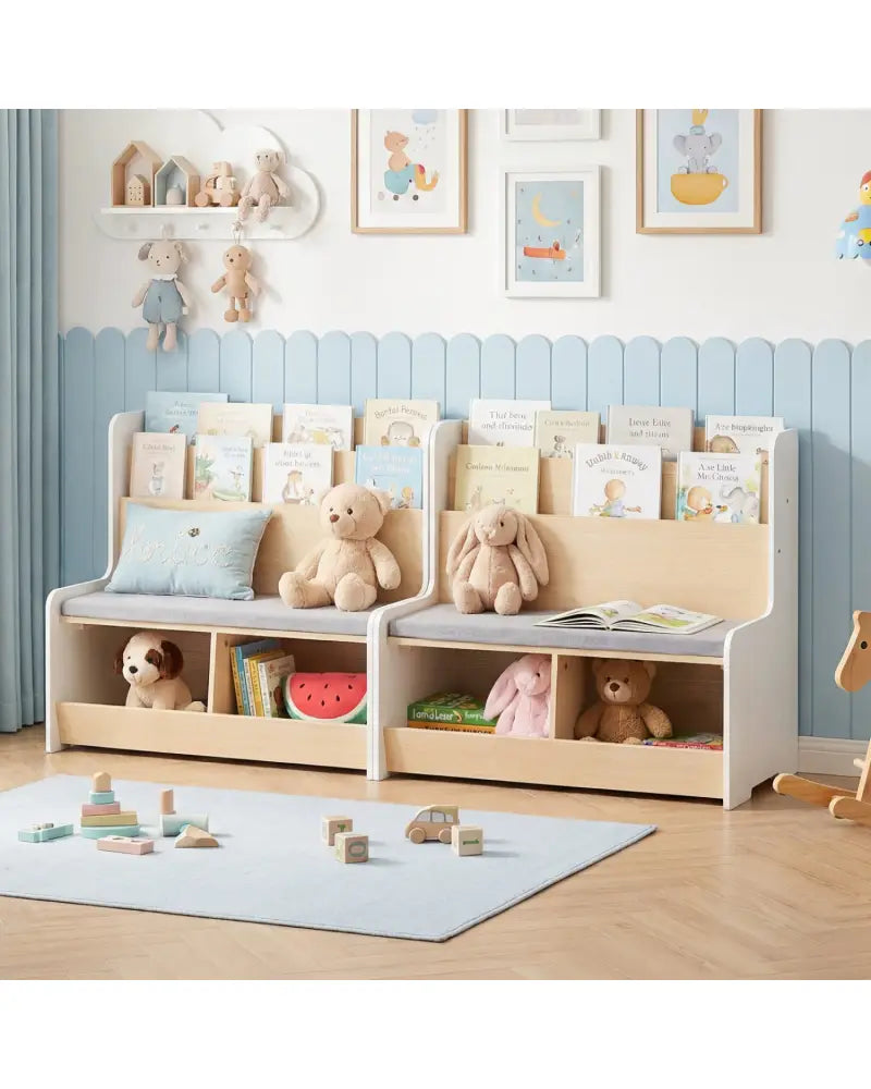 Kids Reading Nook with Bench Bookshelf and 2 Cubbies-White - White - Kids Storage