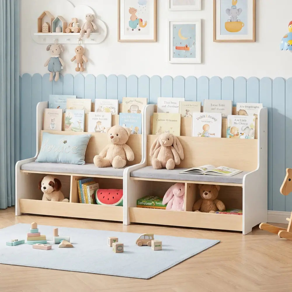 Kids Reading Nook with Bench Bookshelf and 2 Cubbies-White - White - Kids Storage