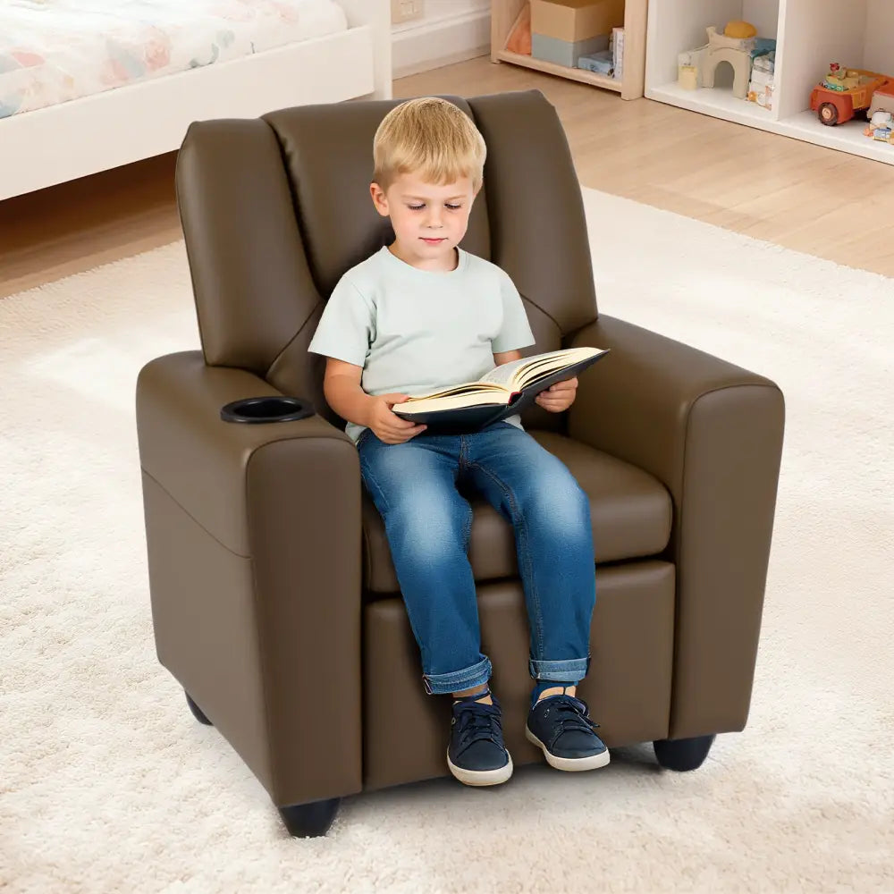 Kids Recliner Chair Push Back Toddler Reclining Armchair with Cup Holder-Brown - Brown - Kids Chairs & Seating