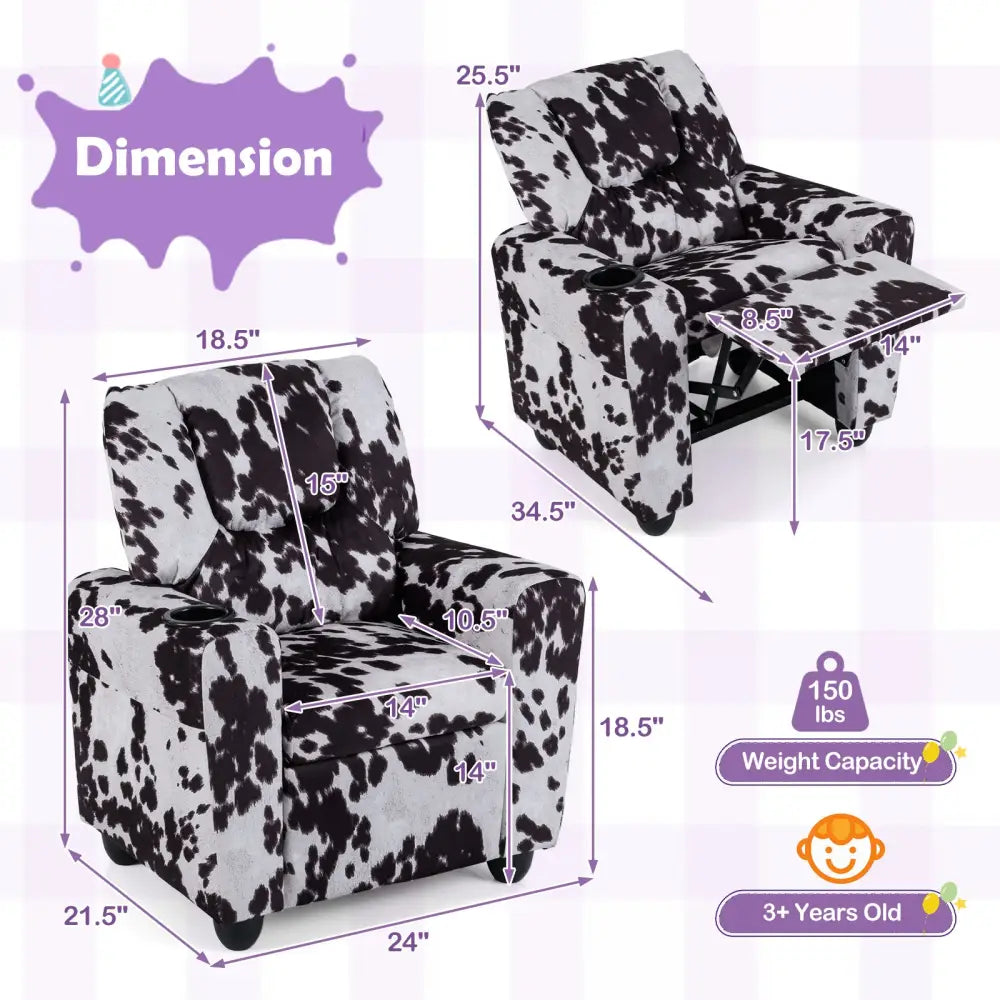 Kids Recliner Chair Push Back Toddler Reclining Armchair with Cup Holder-White - Black & White - Kids Chairs & Seating