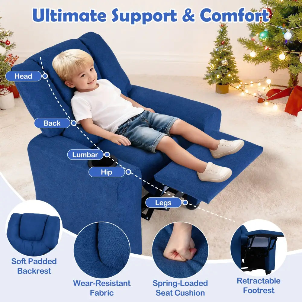 Kids Recliner Chair Push Back Toddler Reclining Armchair with Cup Holder-Blue - Blue - Kids Chairs & Seating
