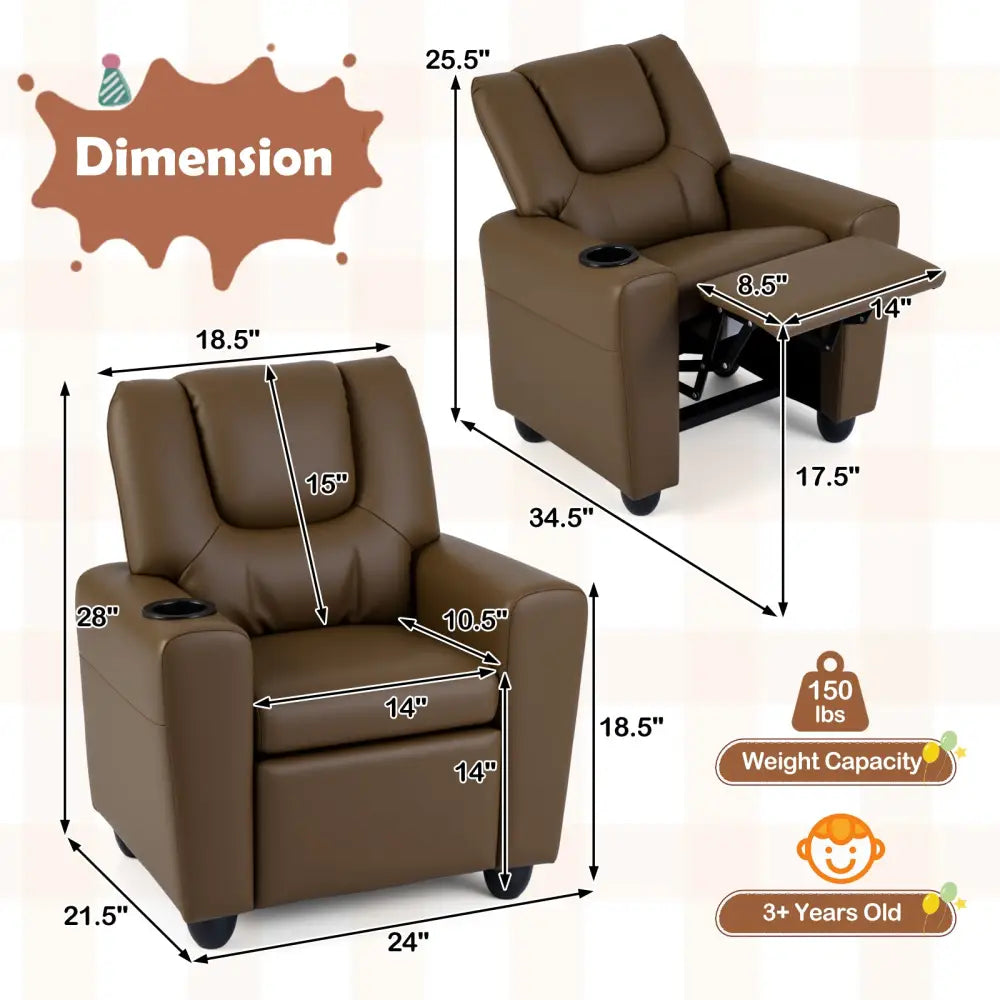 Kids Recliner Chair Push Back Toddler Reclining Armchair with Cup Holder-Brown - Brown - Kids Chairs & Seating
