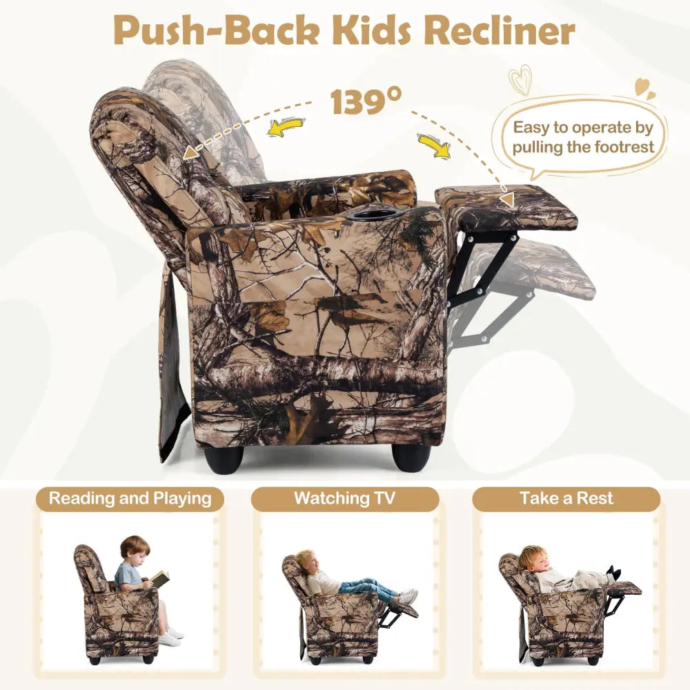 Kids Recliner Chair Push Back Toddler Reclining Armchair with Cup Holder-Camouflage - Camouflage - Kids Chairs & Seating