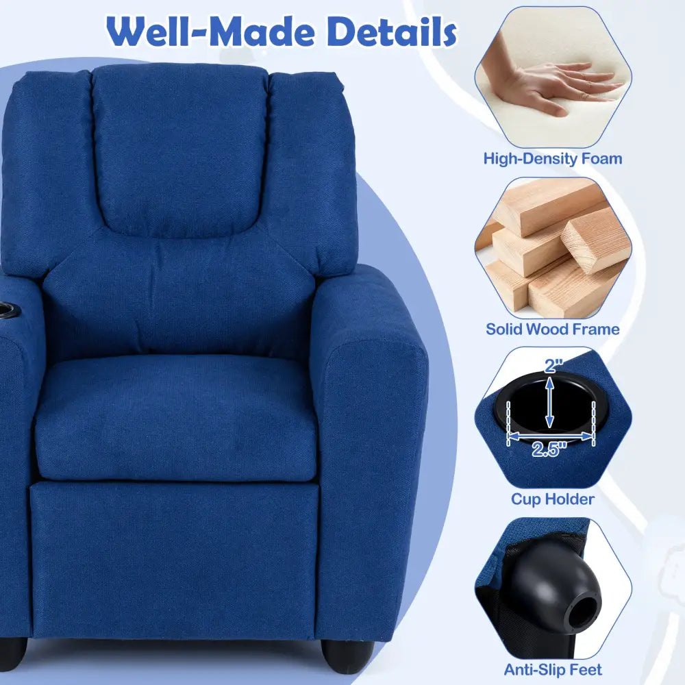Kids Recliner Chair Push Back Toddler Reclining Armchair with Cup Holder-Blue - Blue - Kids Chairs & Seating