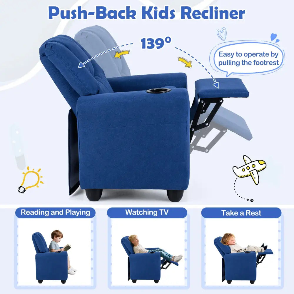 Kids Recliner Chair Push Back Toddler Reclining Armchair with Cup Holder-Blue - Blue - Kids Chairs & Seating