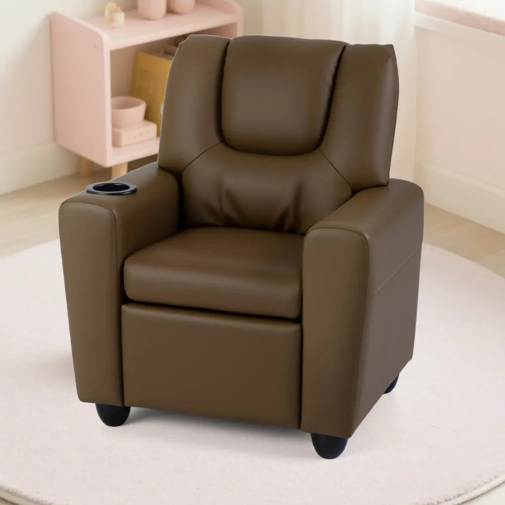 Kids Recliner Chair Push Back Toddler Reclining Armchair with Cup Holder-Brown - Brown - Kids Chairs & Seating