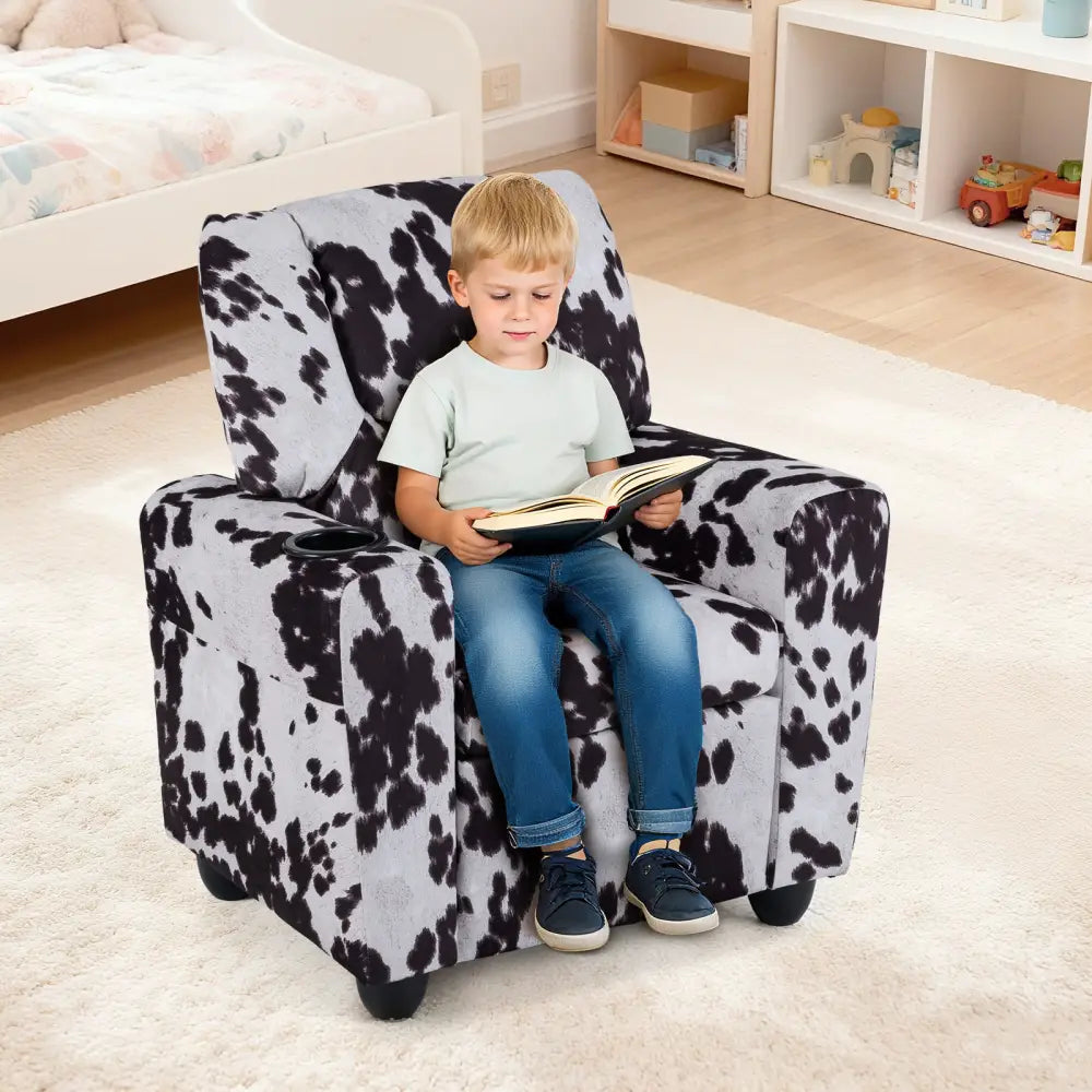Kids Recliner Chair Push Back Toddler Reclining Armchair with Cup Holder-White - Black & White - Kids Chairs & Seating