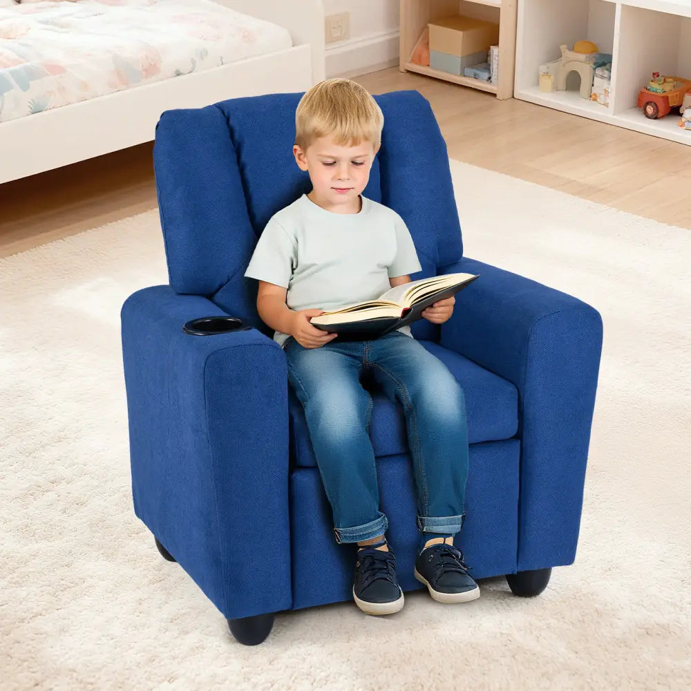 Kids Recliner Chair Push Back Toddler Reclining Armchair with Cup Holder-Blue - Blue - Kids Chairs & Seating