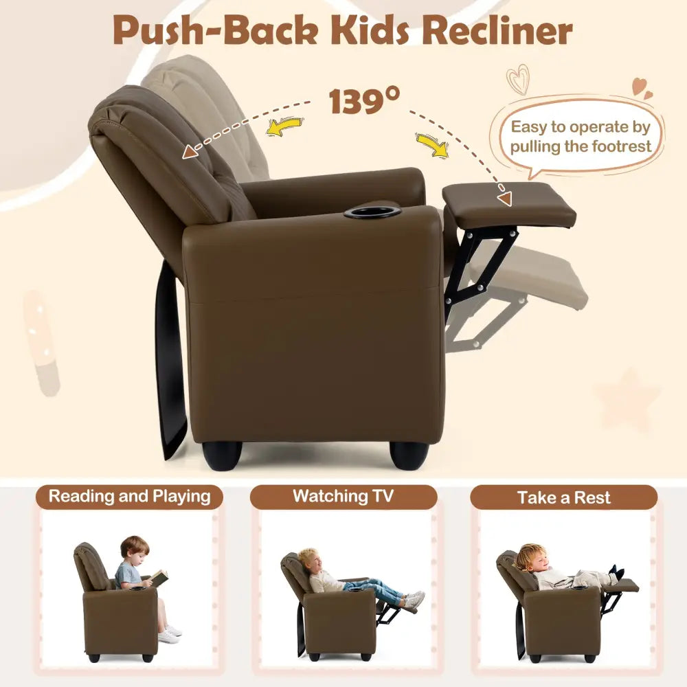 Kids Recliner Chair Push Back Toddler Reclining Armchair with Cup Holder-Brown - Brown - Kids Chairs & Seating