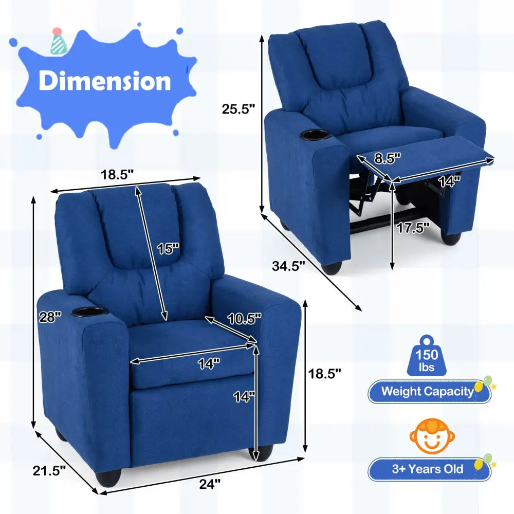 Kids Recliner Chair Push Back Toddler Reclining Armchair with Cup Holder-Blue - Blue - Kids Chairs & Seating