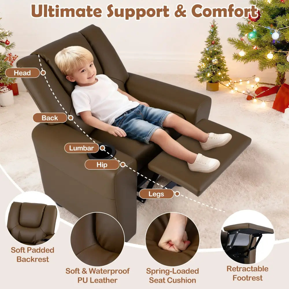 Kids Recliner Chair Push Back Toddler Reclining Armchair with Cup Holder-Brown - Brown - Kids Chairs & Seating