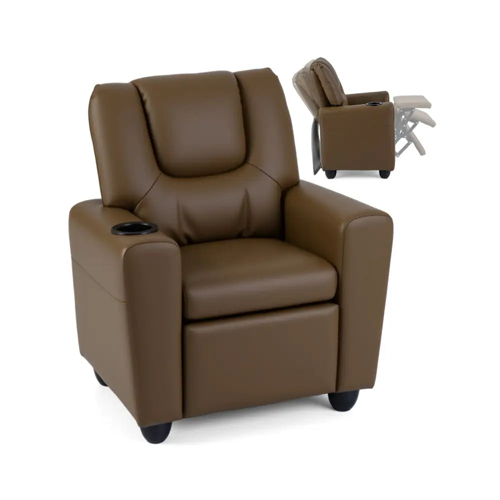 Kids Recliner Chair Push Back Toddler Reclining Armchair with Cup Holder-Brown - Brown - Kids Chairs & Seating