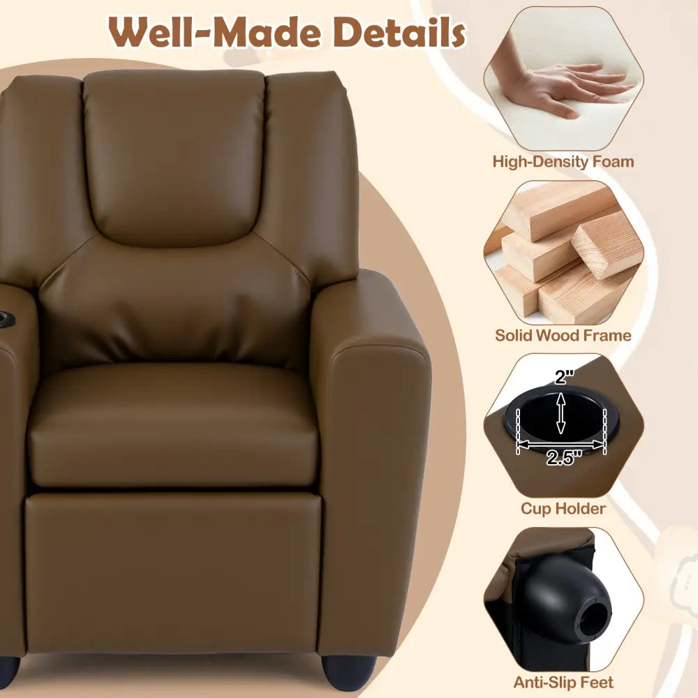 Kids Recliner Chair Push Back Toddler Reclining Armchair with Cup Holder-Brown - Brown - Kids Chairs & Seating
