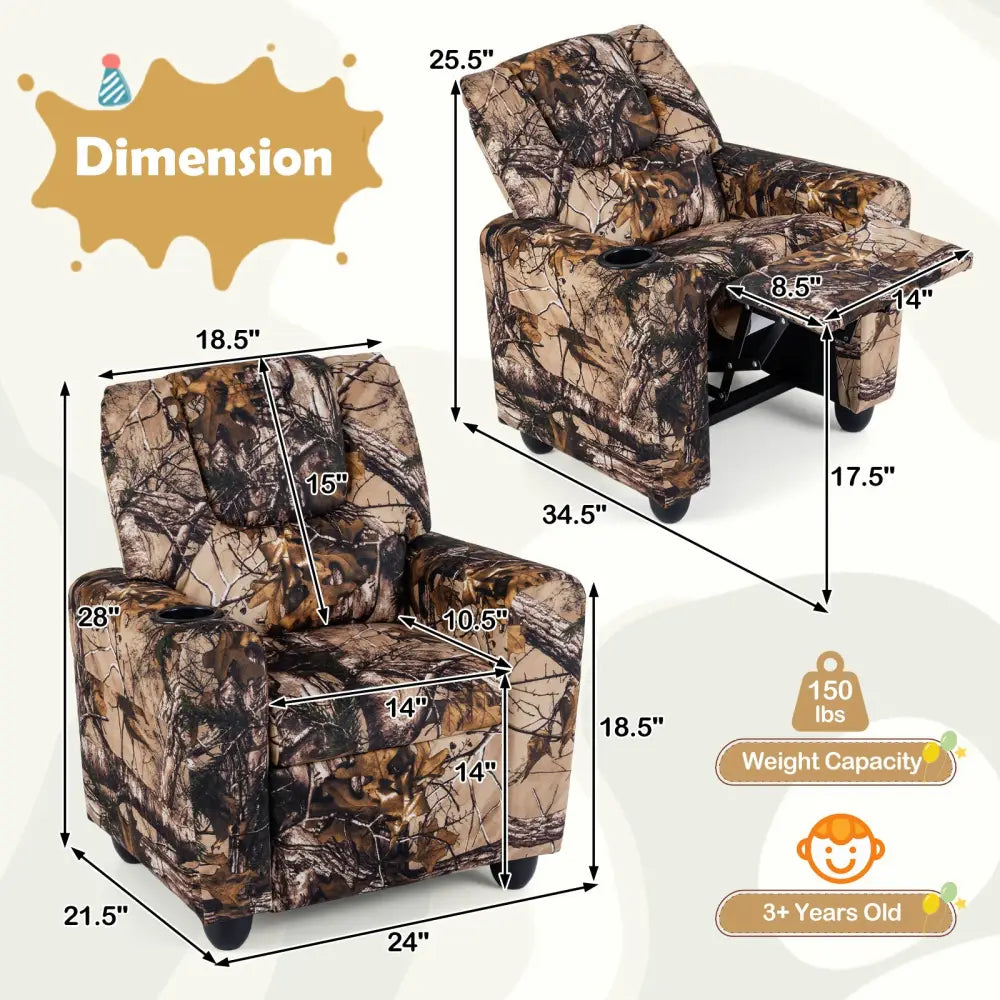 Kids Recliner Chair Push Back Toddler Reclining Armchair with Cup Holder-Camouflage - Camouflage - Kids Chairs & Seating