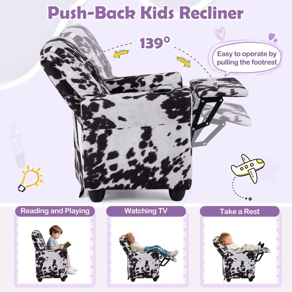 Kids Recliner Chair Push Back Toddler Reclining Armchair with Cup Holder-White - Black & White - Kids Chairs & Seating