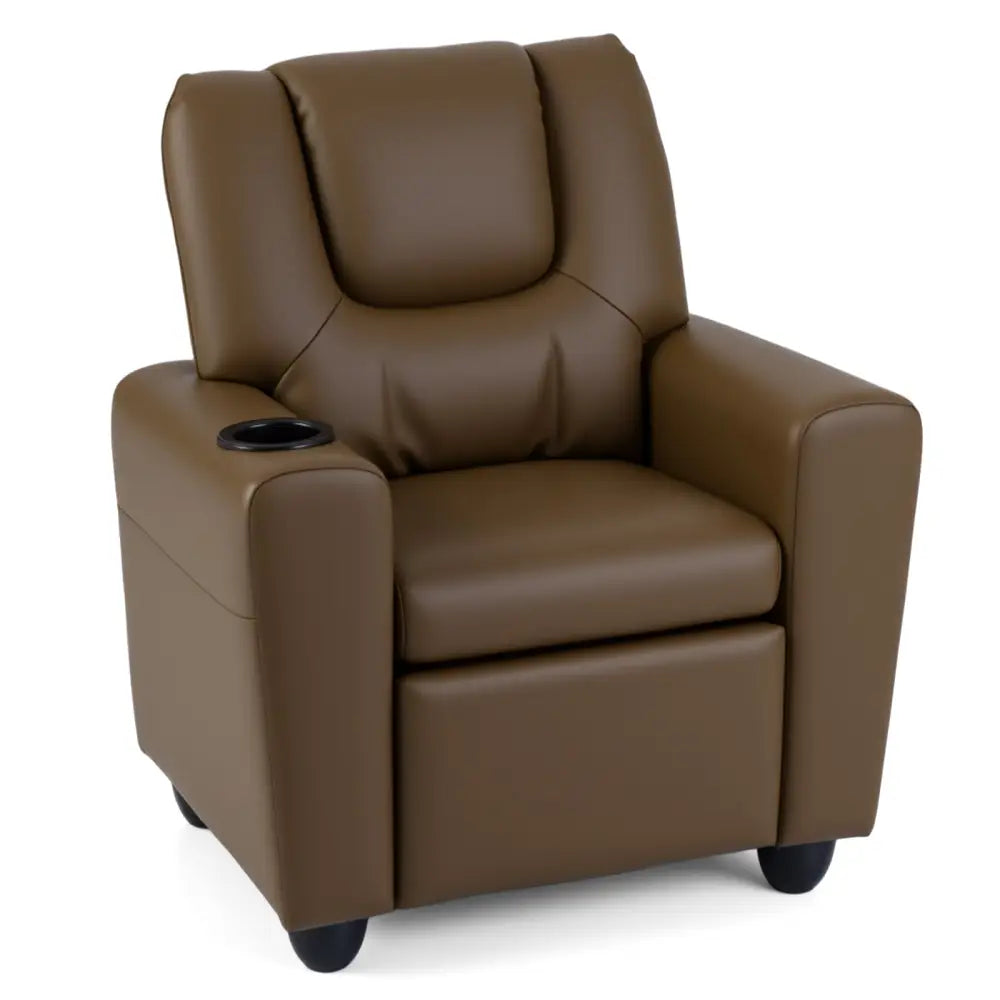 Kids Recliner Chair Push Back Toddler Reclining Armchair with Cup Holder-Brown - Brown - Kids Chairs & Seating