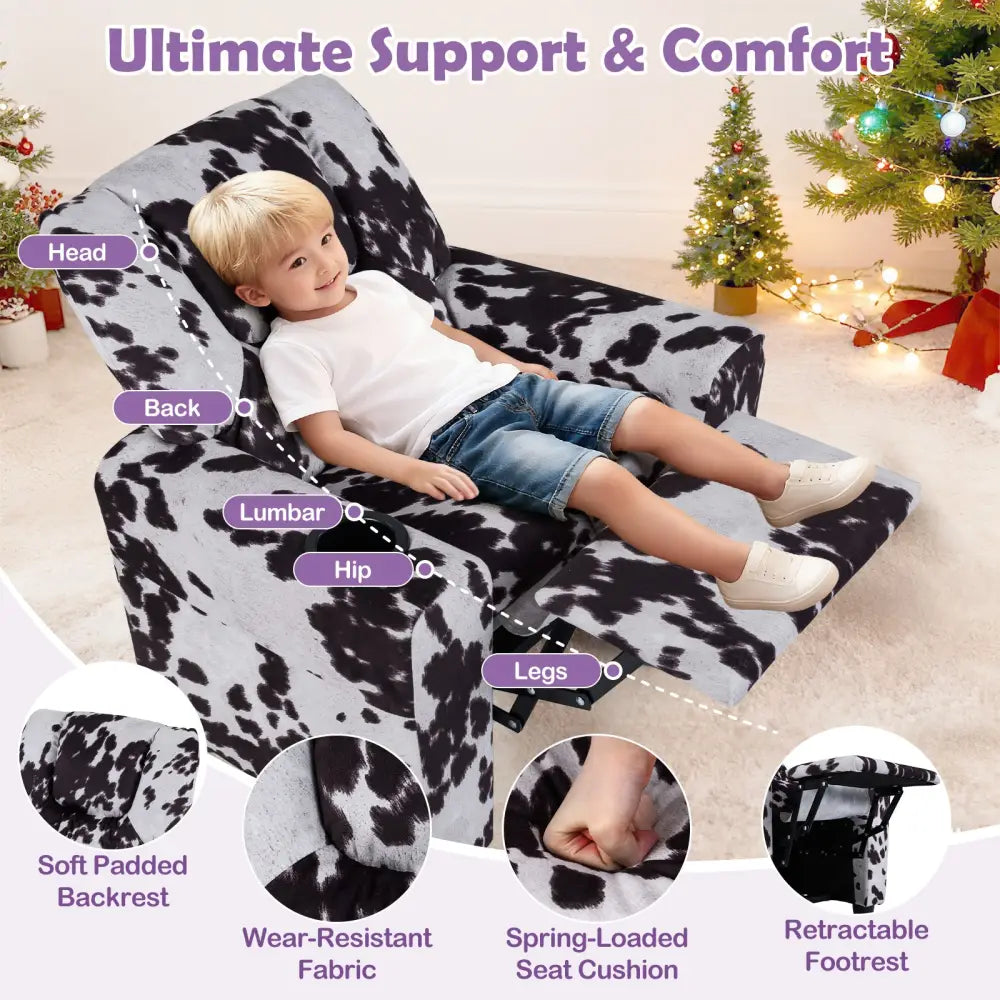 Kids Recliner Chair Push Back Toddler Reclining Armchair with Cup Holder-White - Black & White - Kids Chairs & Seating