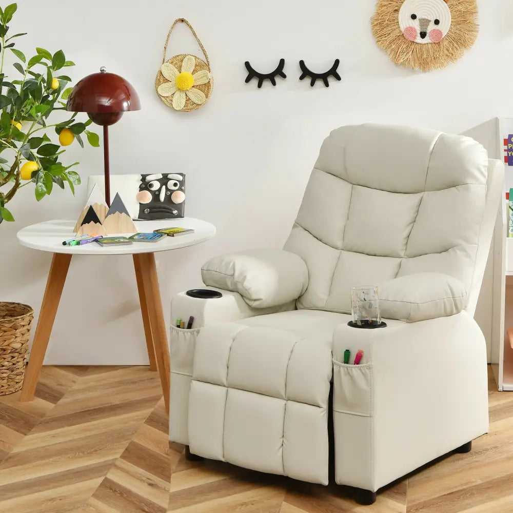 Kids Recliner Chair with Cup Holder and Footrest for Children-Beige - Beige - Kids Chairs & Seating