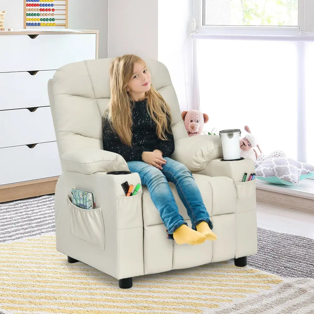 Kids Recliner Chair with Cup Holder and Footrest for Children-Beige - Beige - Kids Chairs & Seating