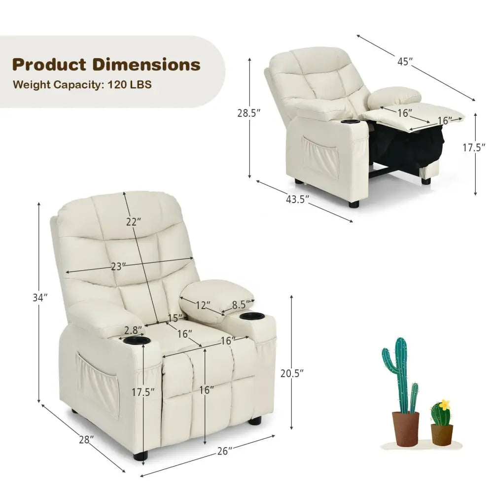 Kids Recliner Chair with Cup Holder and Footrest for Children-Beige - Beige - Kids Chairs & Seating