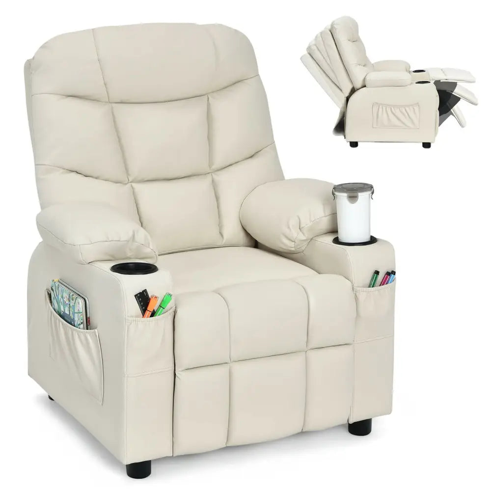Kids Recliner Chair with Cup Holder and Footrest for Children-Beige - Beige - Kids Chairs & Seating