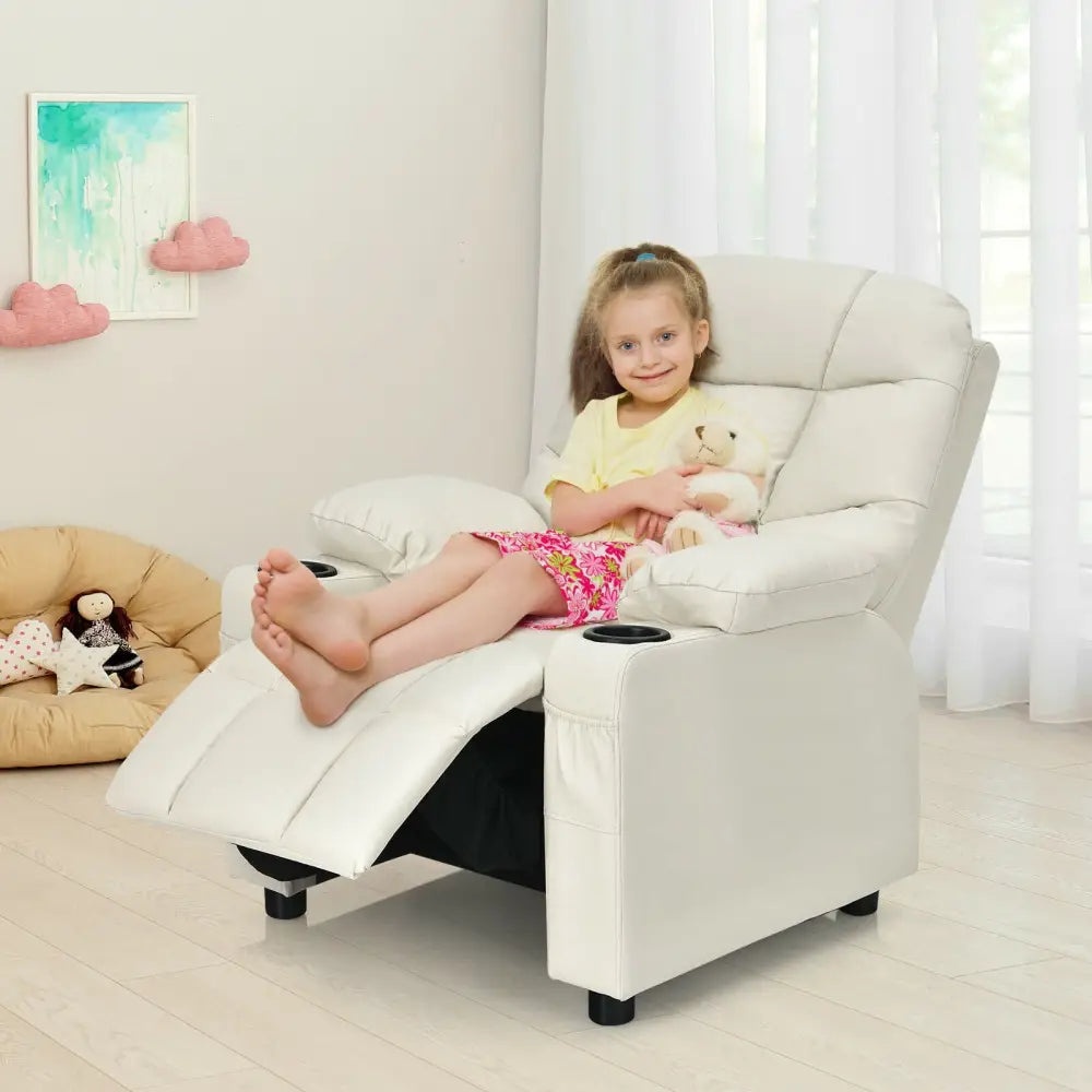 Kids Recliner Chair with Cup Holder and Footrest for Children-Beige - Beige - Kids Chairs & Seating