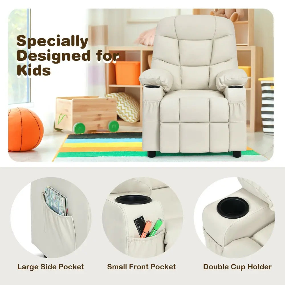Kids Recliner Chair with Cup Holder and Footrest for Children-Beige - Beige - Kids Chairs & Seating