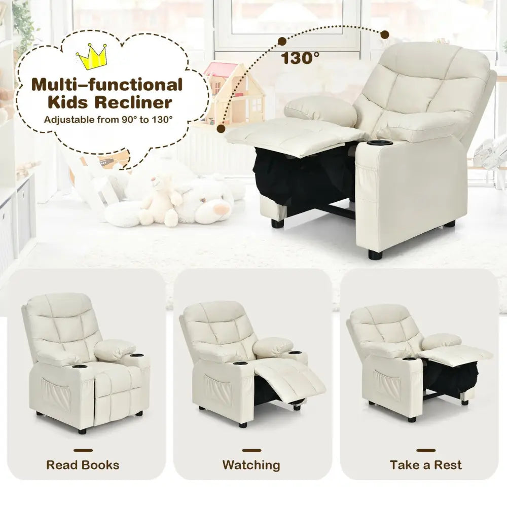 Kids Recliner Chair with Cup Holder and Footrest for Children-Beige - Beige - Kids Chairs & Seating