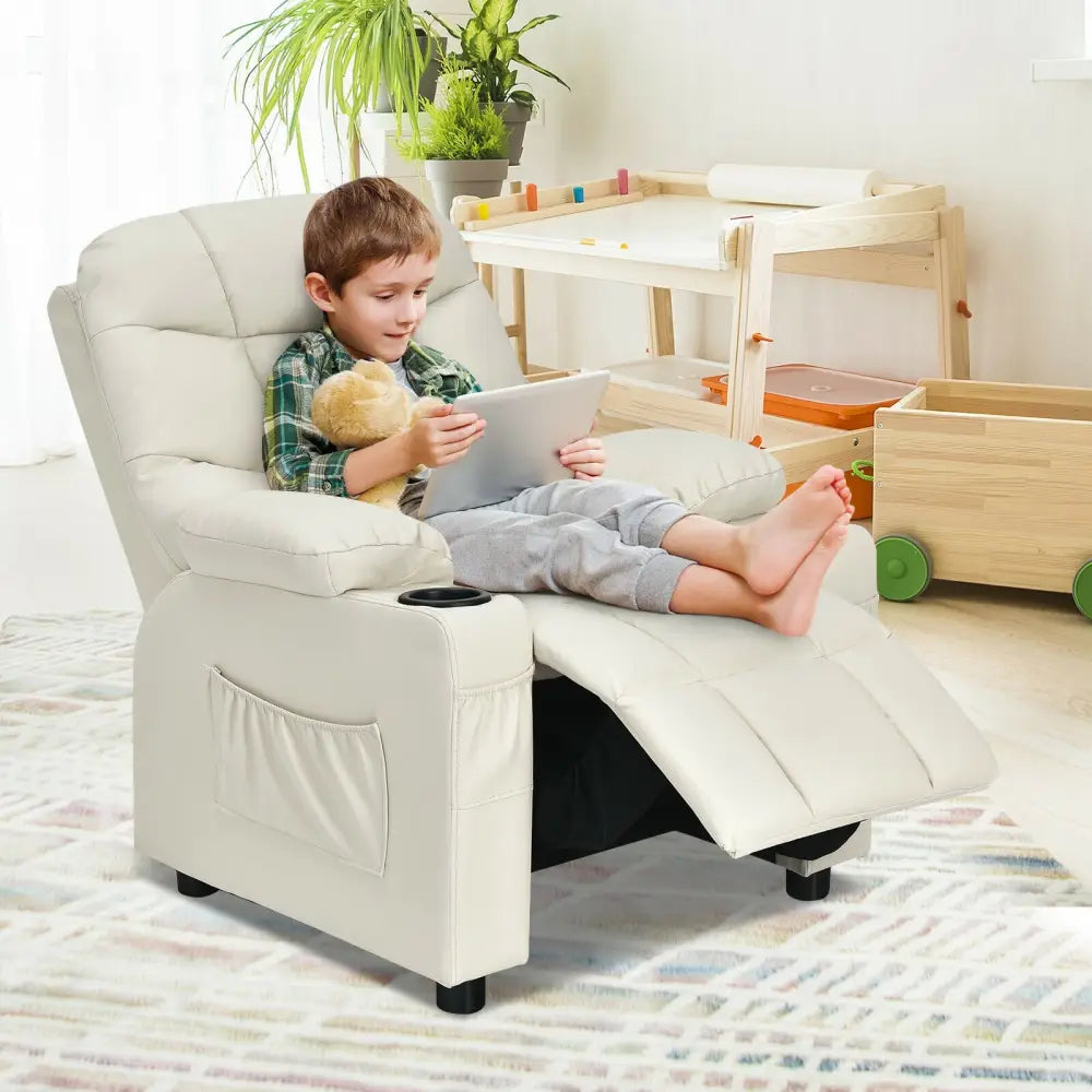 Kids Recliner Chair with Cup Holder and Footrest for Children-Beige - Beige - Kids Chairs & Seating