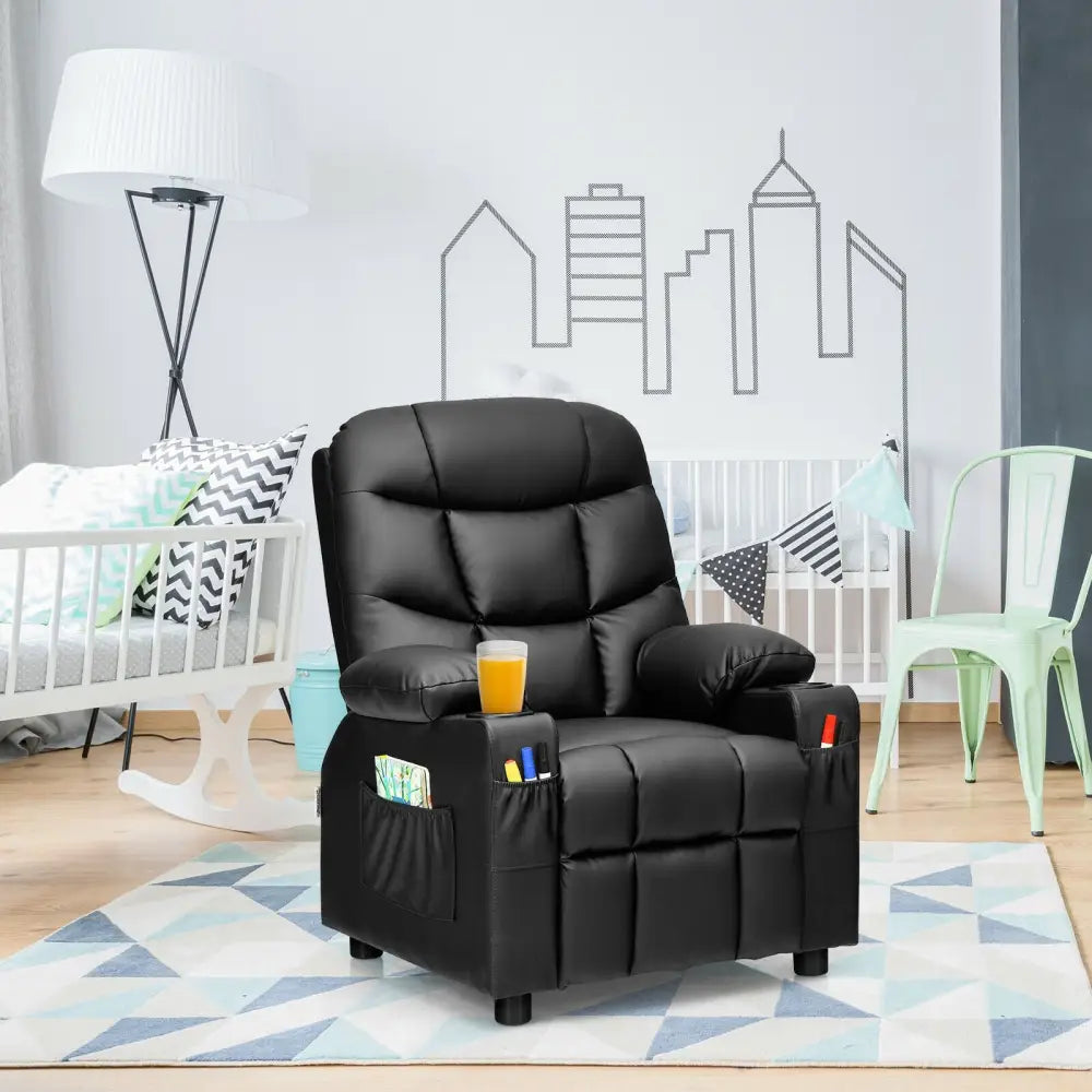 Kids Recliner Chair with Cup Holder and Footrest for Children-Black - Black - Kids Chairs & Seating