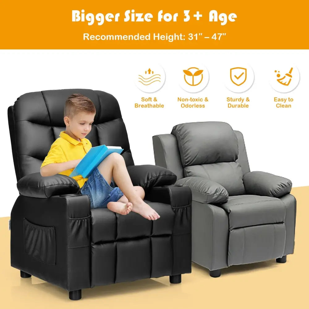 Kids Recliner Chair with Cup Holder and Footrest for Children-Black - Black - Kids Chairs & Seating