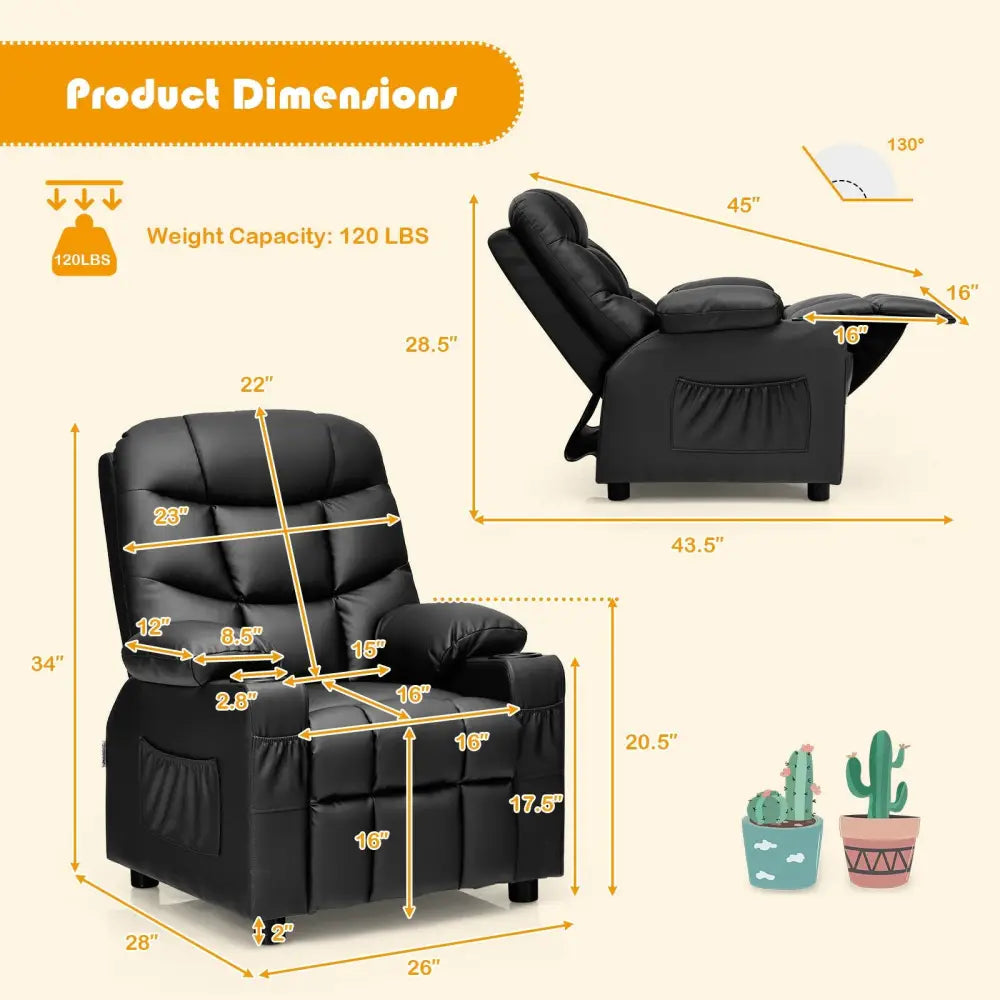Kids Recliner Chair with Cup Holder and Footrest for Children-Black - Black - Kids Chairs & Seating