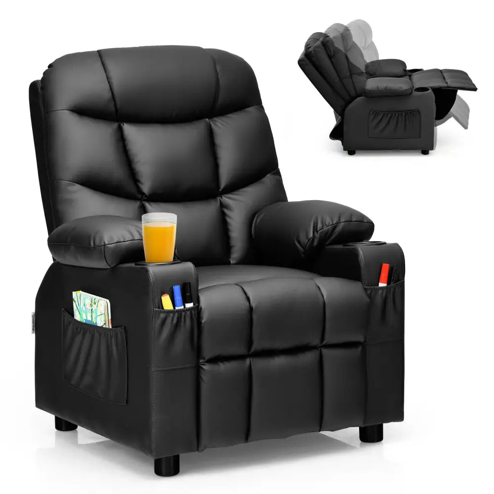 Kids Recliner Chair with Cup Holder and Footrest for Children-Black - Black - Kids Chairs & Seating