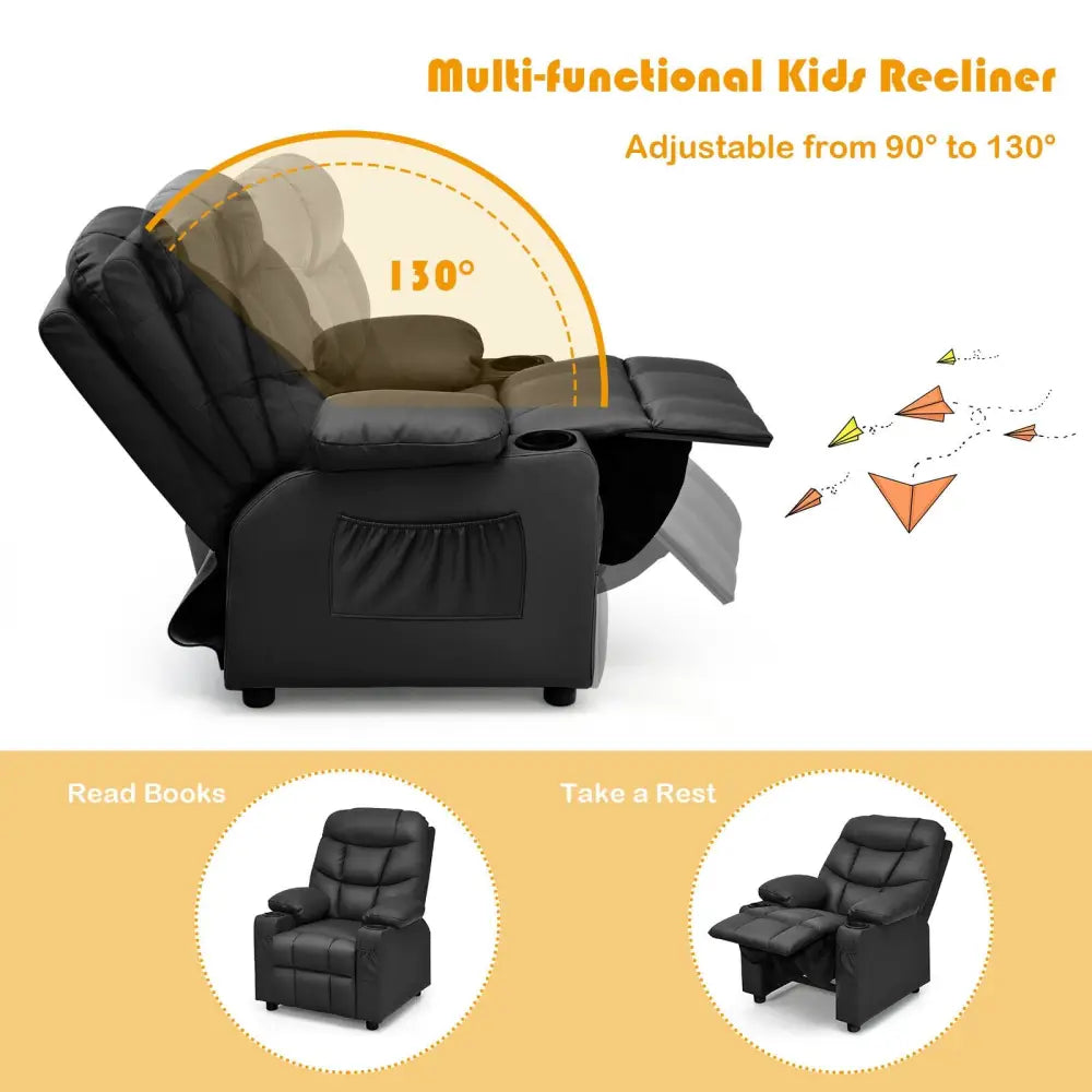 Kids Recliner Chair with Cup Holder and Footrest for Children-Black - Black - Kids Chairs & Seating