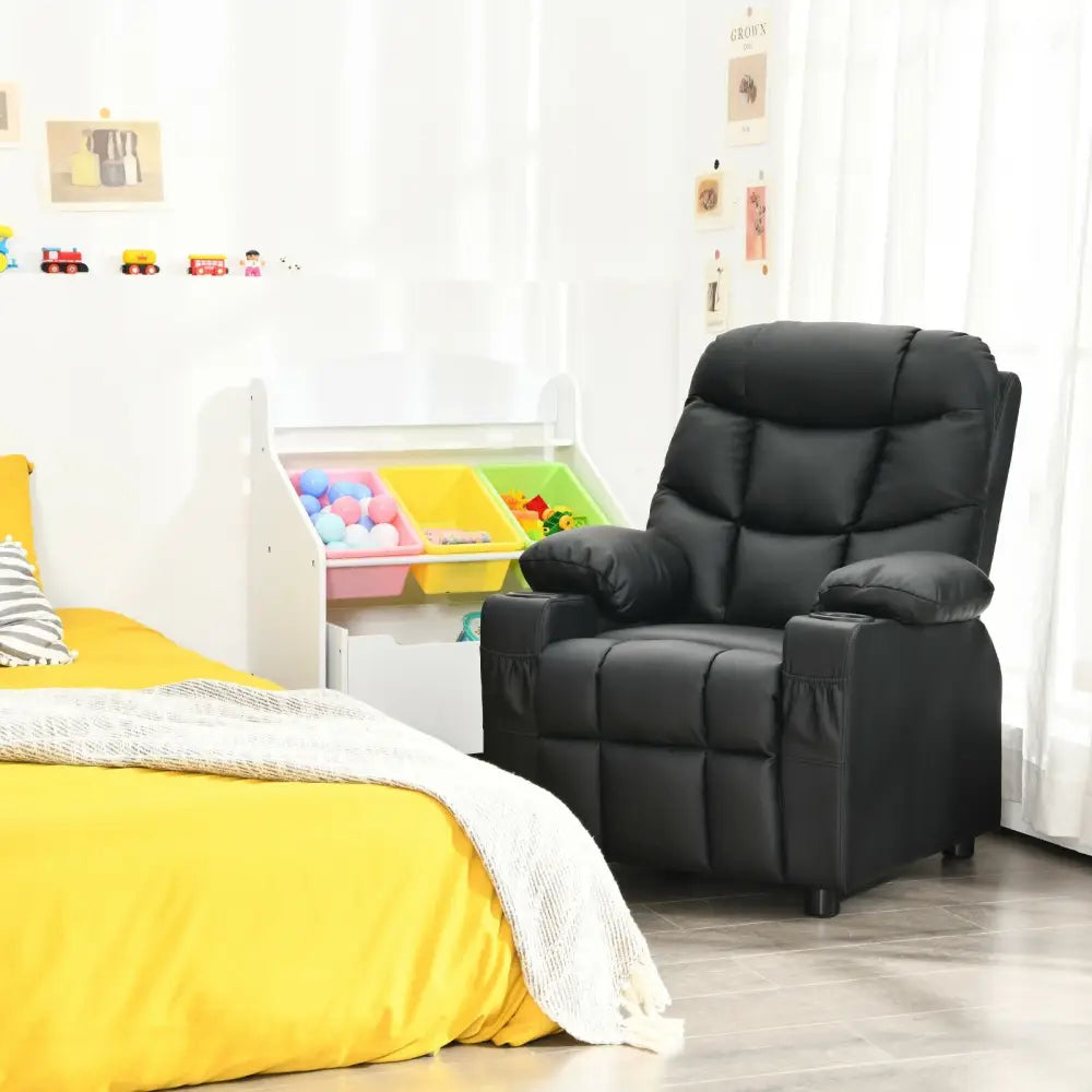 Kids Recliner Chair with Cup Holder and Footrest for Children-Black - Black - Kids Chairs & Seating