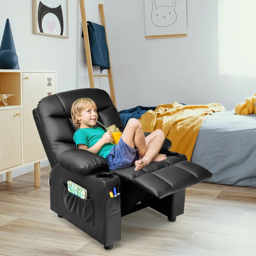 Kids Recliner Chair with Cup Holder and Footrest for Children-Black - Black - Kids Chairs & Seating