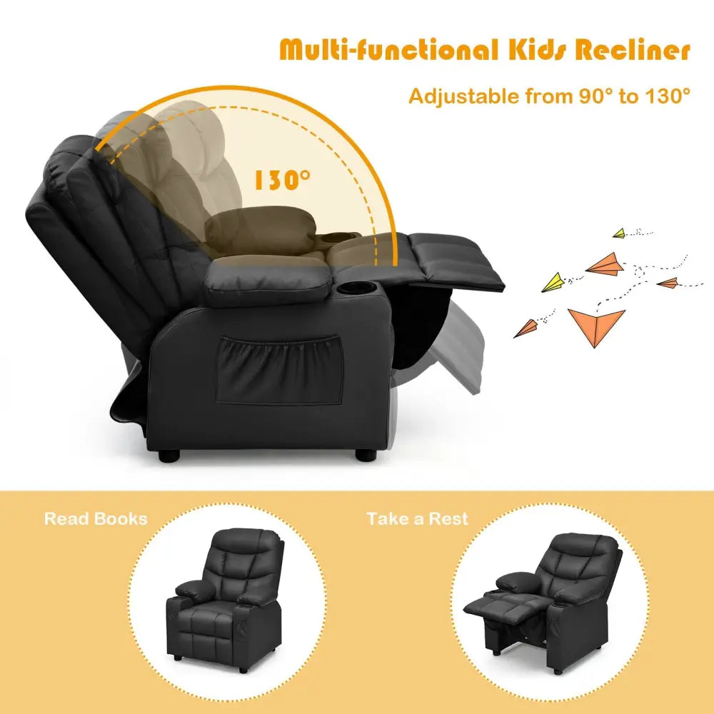 Kids Recliner Chair with Cup Holder and Footrest for Children-Black - Black - Kids Chairs & Seating