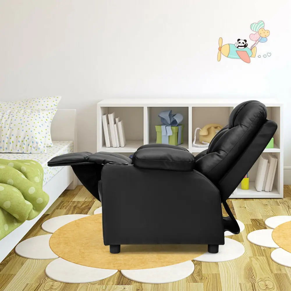 Kids Recliner Chair with Cup Holder and Footrest for Children-Black - Black - Kids Chairs & Seating