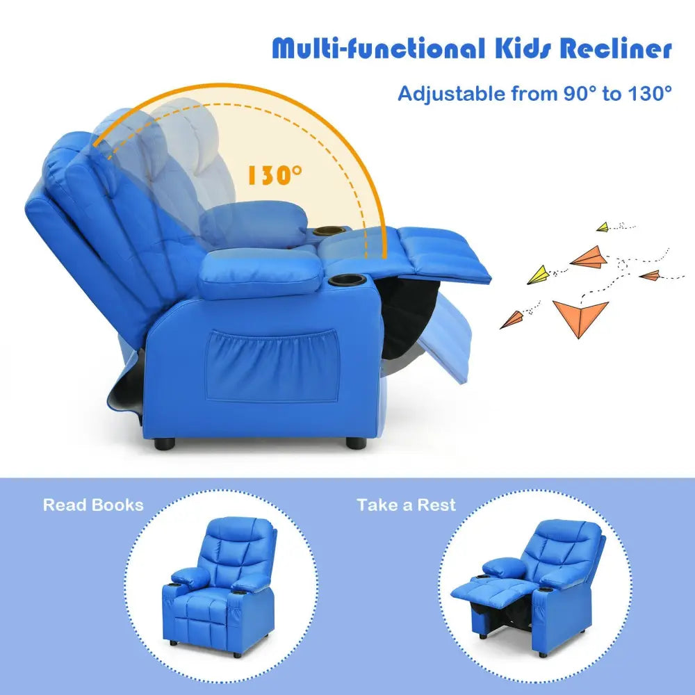 Kids Recliner Chair with Cup Holder and Footrest for Children-Blue - Blue - Kids Chairs & Seating