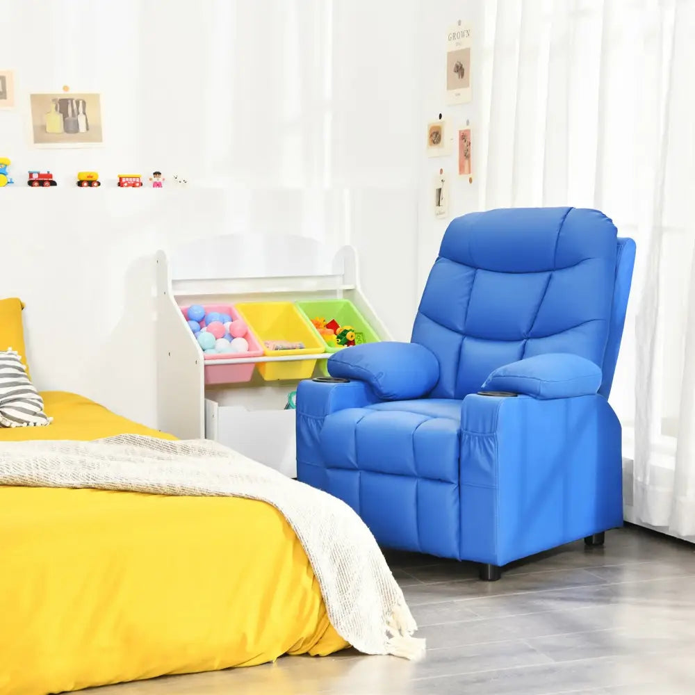 Kids Recliner Chair with Cup Holder and Footrest for Children-Blue - Blue - Kids Chairs & Seating