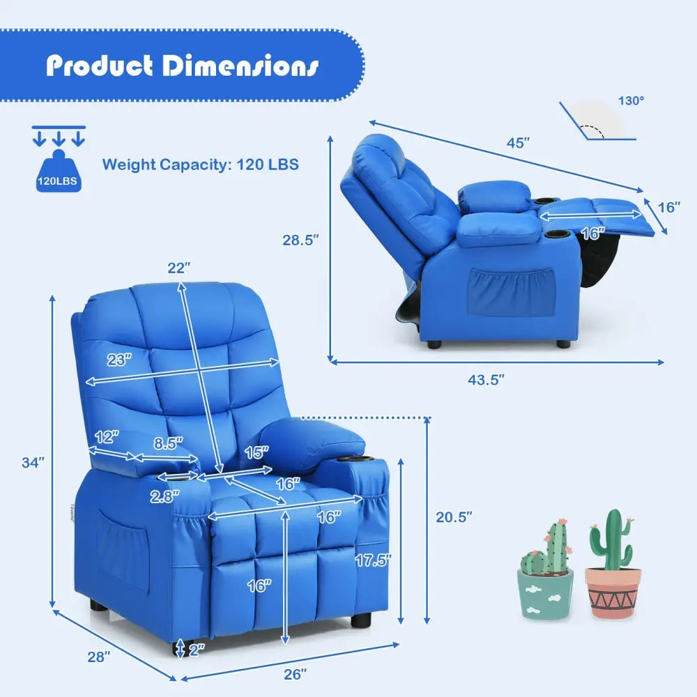 Kids Recliner Chair with Cup Holder and Footrest for Children-Blue - Blue - Kids Chairs & Seating