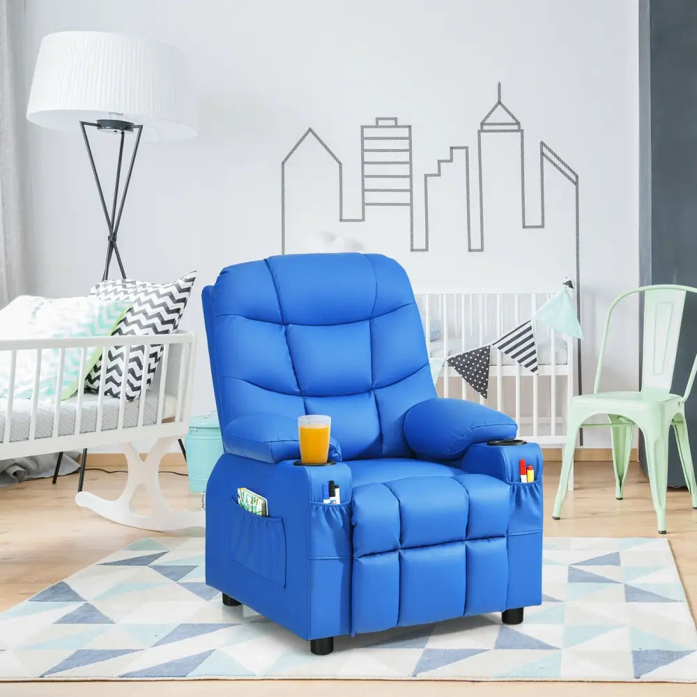 Kids Recliner Chair with Cup Holder and Footrest for Children-Blue - Blue - Kids Chairs & Seating