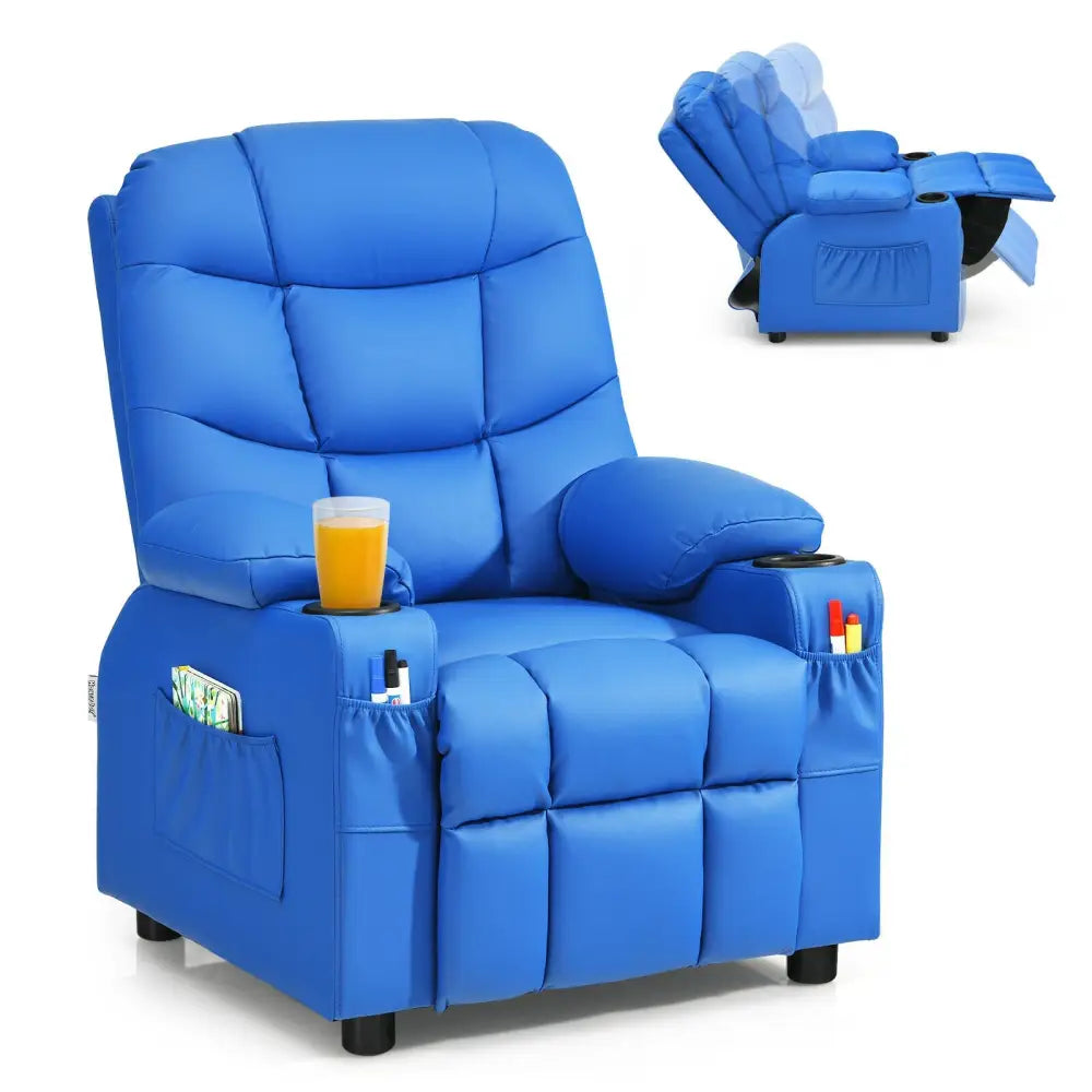 Kids Recliner Chair with Cup Holder and Footrest for Children-Blue - Blue - Kids Chairs & Seating