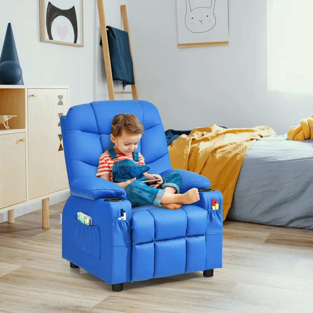 Kids Recliner Chair with Cup Holder and Footrest for Children-Blue - Blue - Kids Chairs & Seating