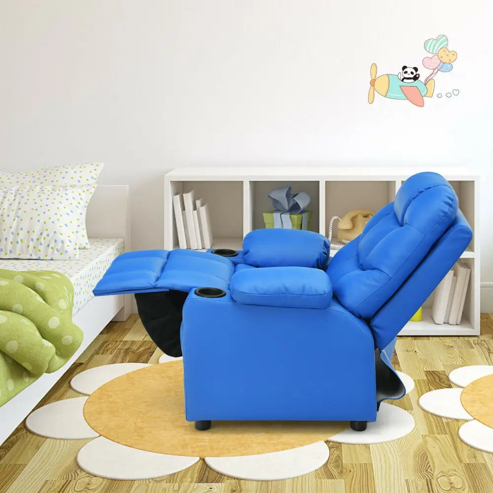 Kids Recliner Chair with Cup Holder and Footrest for Children-Blue - Blue - Kids Chairs & Seating