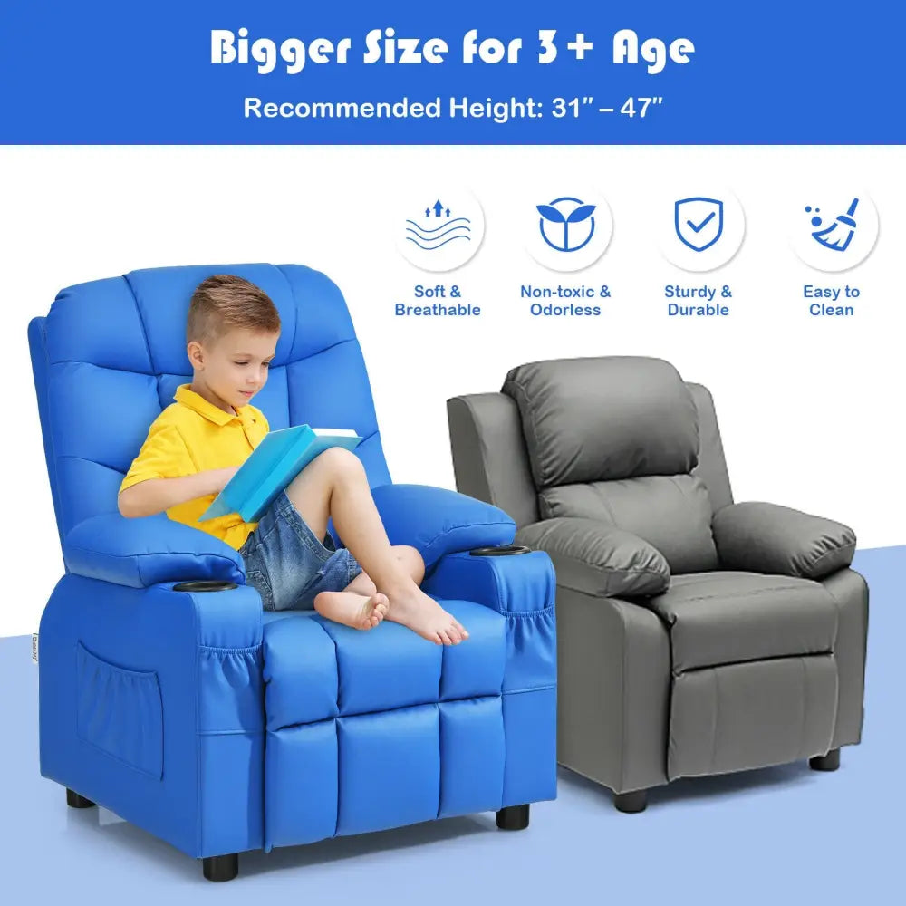 Kids Recliner Chair with Cup Holder and Footrest for Children-Blue - Blue - Kids Chairs & Seating