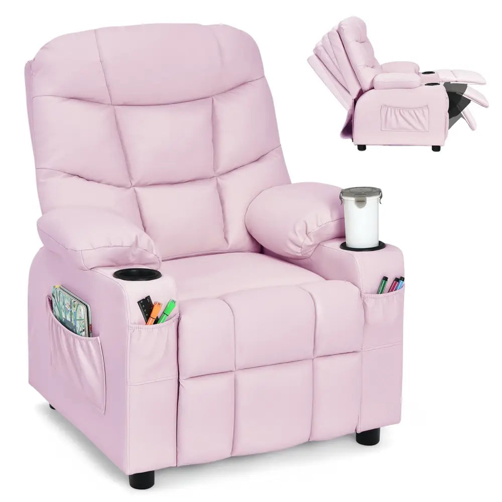 Kids Recliner Chair with Cup Holder and Footrest for Children-Light Pink - Light Pink - Kids Chairs & Seating