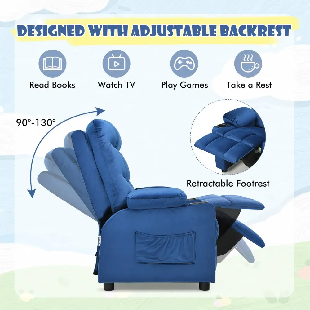 Kids Recliner Chair with Cup Holder and Footrest for Children-Light Blue - Light Blue - Kids Chairs & Seating